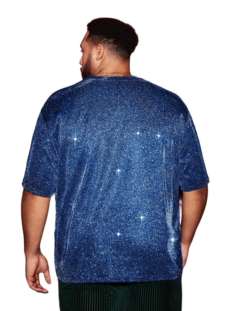 a man wearing a blue shirt with stars on it