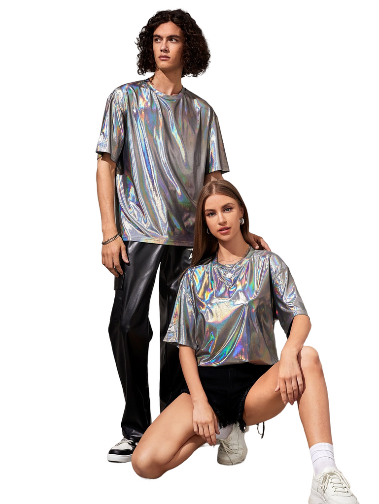 a man and a woman wearing shiny clothing